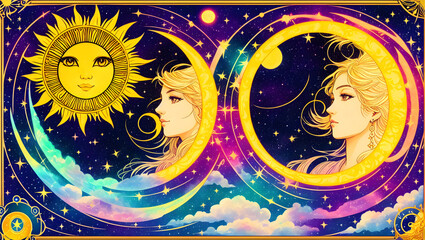 beautiful drawing of two girls and a sun with a face on a psychedelic background with esoteric symbols Generative AI