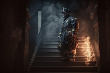 Firefighter searching for possible survives. Generative AI