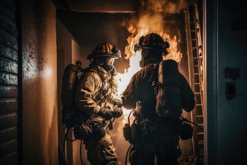 Firefighter searching for possible survives. Generative AI