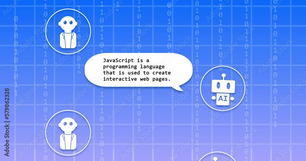 Poster animation of ai bot conversation and binary coding on speech bubbles over blue background