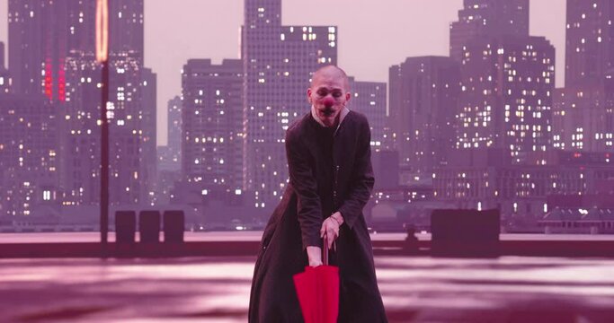 Metaverse cyberspace character artificial intelligence augment reality realistic Mime or clown play and acting with a red umbrella city skyline at night in the background.