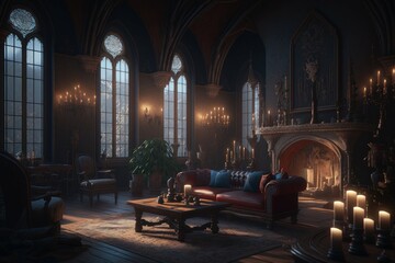 Living room of a large, Gothic vampire castle. Dracula's castle. AI generated - obrazy, fototapety, plakaty