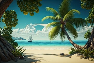 Obraz na płótnie Canvas Tropical exotic beach with palm tree. AI generated