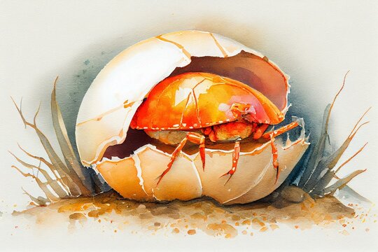 A crab hiding in a shell, watercolor style. Generative AI