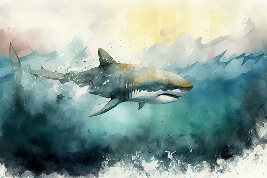 A shark swimming in the distance, watercolor style. Generative AI