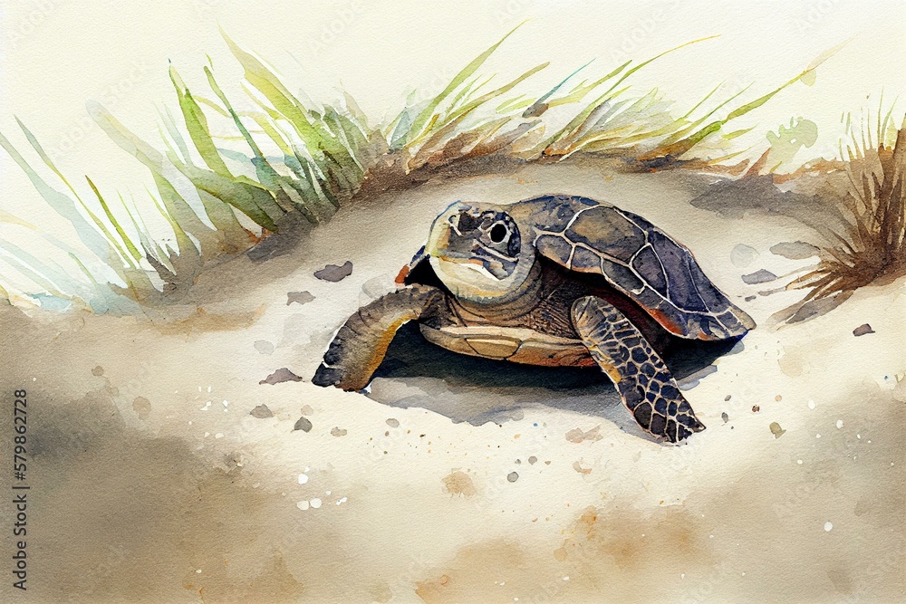 Wall mural A sea turtle nesting on the beach, watercolor style. Generative AI