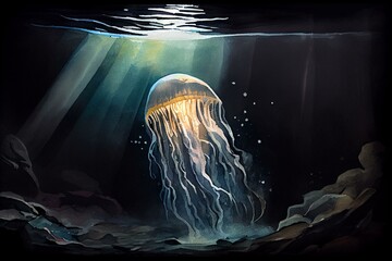 A moon jellyfish floating in a dark cave, watercolor style. Generative AI