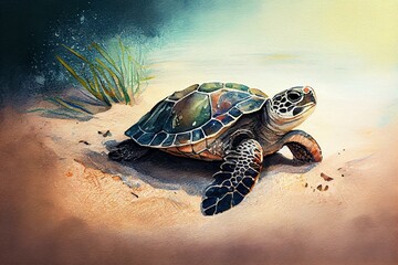A sea turtle nesting on the beach, watercolor style. Generative AI