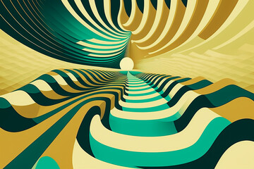 Abstract illustration, wavy lines, and retro colors.grid, lines, vanishing, vanishing perspective. Generative Ai. 