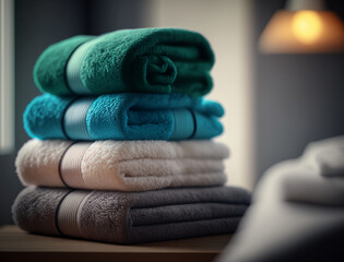 Obraz na płótnie Canvas Colorful stack of fresh towels in a relaxing spa or bathroom setting, luxury hygiene concept, generative AI