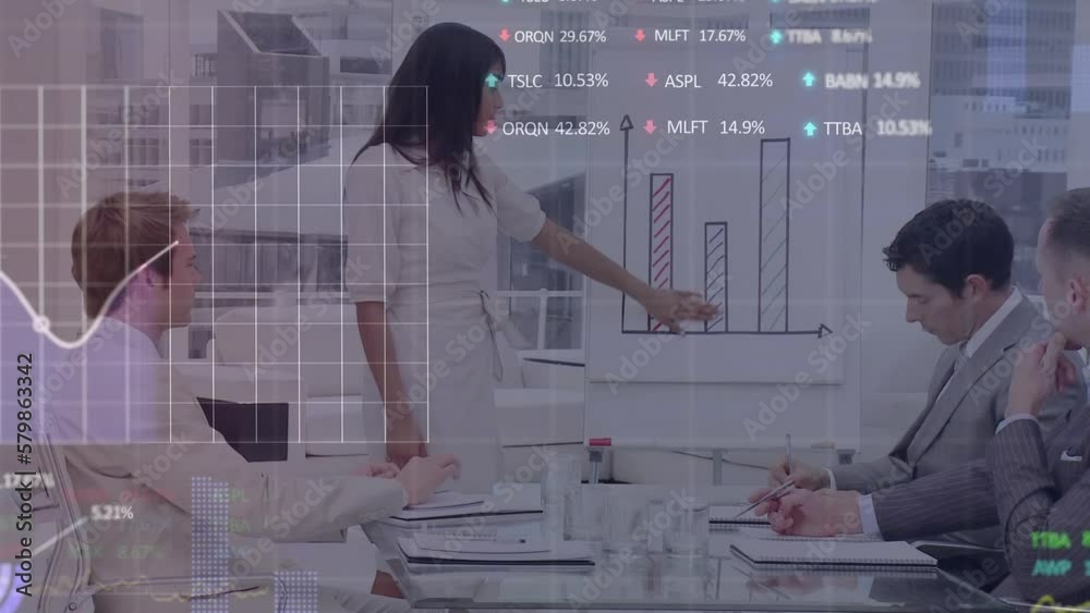 Poster Animation of stock market data processing over biracial woman giving a presentation at office