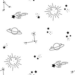 Seamless pattern with space and set of space elements in doodle style, planets, stars, constellations, flying saucers 