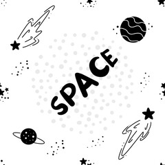Seamless pattern with space and set of space elements in doodle style, planets, stars, constellations, flying saucers 