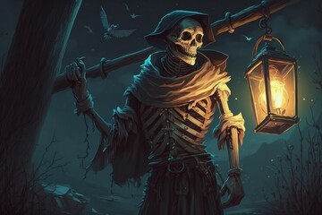 Skeleton holding a lantern on a spooky night. Halloween concept. AI generated, human enhanced