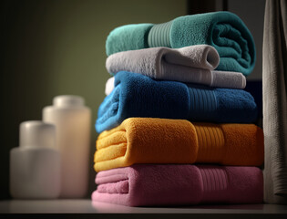 Obraz na płótnie Canvas Colorful Towels Stack, Spa and Bathroom Accessories, Relaxation and Comfort, Generative AI