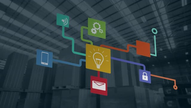 Animation of icons connected and forming flowchart over piled up cartons boxes in warehouse