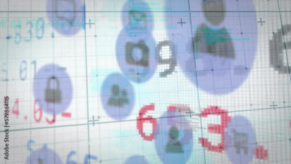 Poster animation of trading board, grid pattern and icons on computer language against abstract background