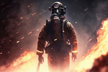 Firefighter searching for possible survives. Generative AI