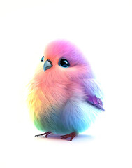 Very Cute fluffy baby bird on grey background, AI-generated image.