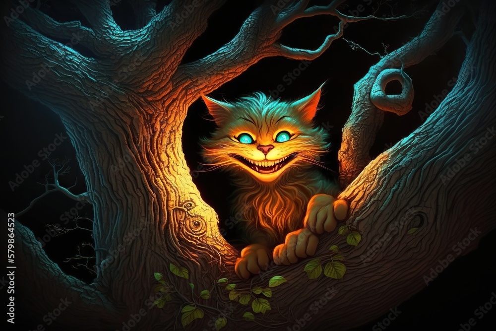 Wall mural Glowing cat at night on the tree smiling, concept of Twinkling and Nocturnal, created with Generative AI technology