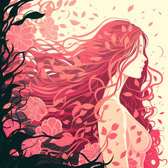 Obraz na płótnie Canvas Girl with flowing hair in a pink summer breeze. Flower petals and vines, generative AI