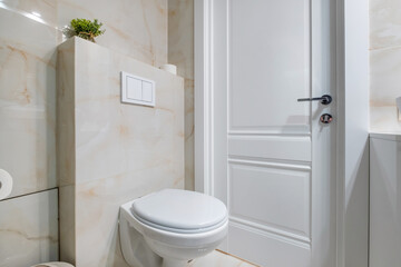 toilet and detail of a corner shower bidet with wall mount shower attachment