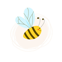 Cute honeybee with eyes and mouth in flight. Side view. Happy bumblebee flying in profile. Logo for bee farm. Vector children's illustration in cartoon style on white isolated background. 