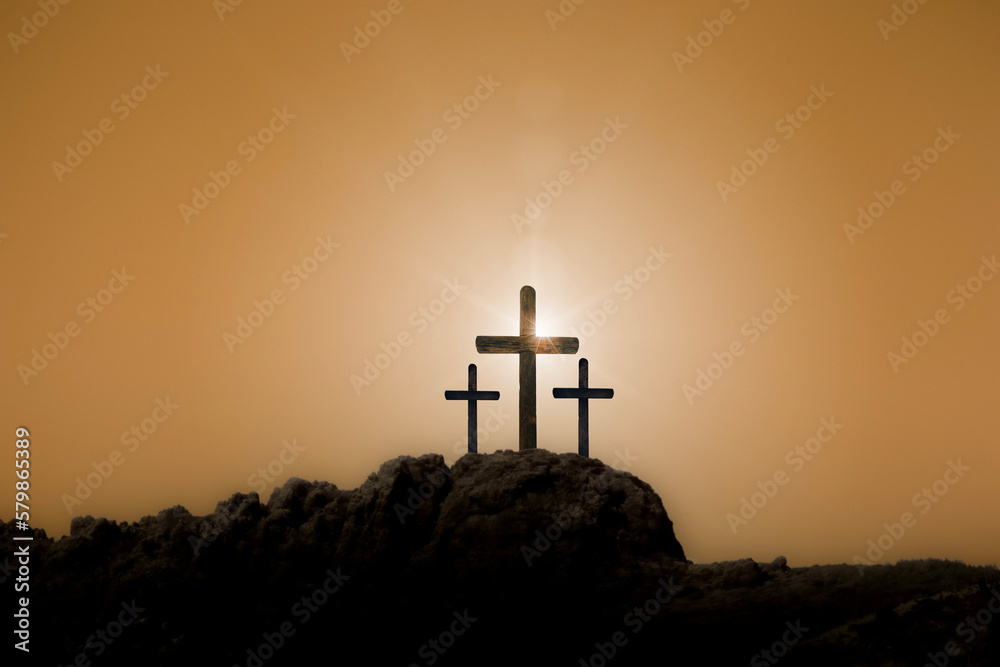 Wall mural easter cross on the dawn background