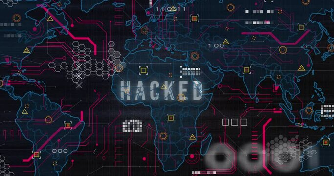 Animation of hacked text in circuit board pattern over map and binary codes on black background