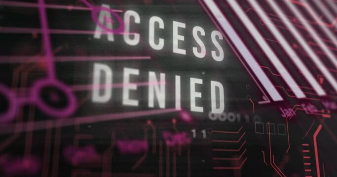 Animation of access denied text, binary codes, graphs and computer language on black background