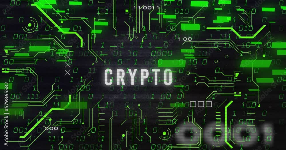 Poster animation of binary codes, bars over crypto text in circuit board pattern against black background