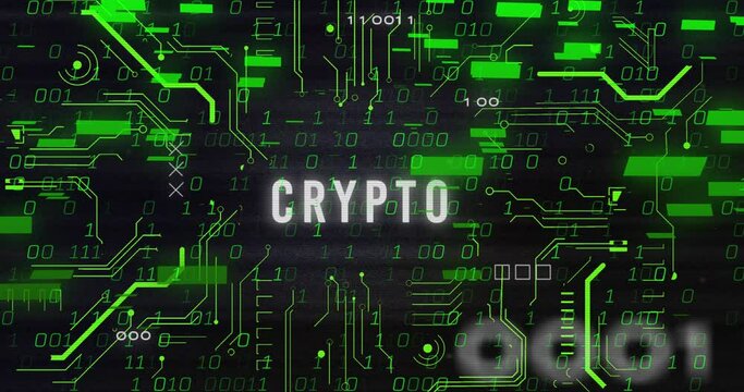 Animation of binary codes, bars over crypto text in circuit board pattern against black background