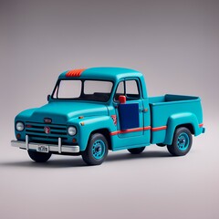 Vintage 1960's blue pickup truck. 3d rendering, cartoon toy design. Generative AI