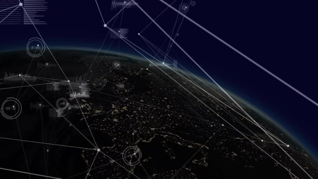 Animation of connected dots, graphs, loading bars, soundwaves against globe on abstract background