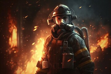 Firefighter searching for possible survives. Generative AI