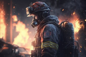 Firefighter searching for possible survives. Generative AI