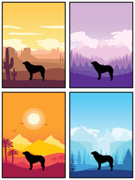 Aidi Dog Breed Silhouette Sunset Forest Nature Background 4 Posters Stickers Cards Vector Illustration EPS