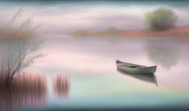  a painting of a boat on a lake with trees in the background.  generative ai
