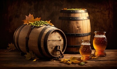  a barrel of beer next to a barrel of wine and a glass of wine.  generative ai