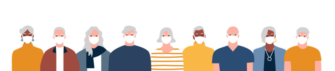 Diverse old people crowd wearing face mask on isolated white background. Elder senior age group characters in flat cartoon style. Disease prevention or air pollution protection concept.