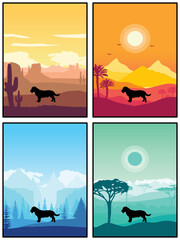 Drever Dog Breed Silhouette Sunset Forest Nature Background 4 Posters Stickers Cards Vector Illustration EPS