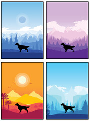 English Setter Dog Breed Silhouette Sunset Forest Nature Background 4 Posters Stickers Cards Vector Illustration EPS