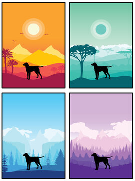 Curly Coated Retriever Dog Breed Silhouette Sunset Forest Nature Background 4 Posters Stickers Cards Vector Illustration EPS