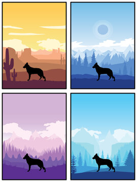 East-European Shepherd Dog Breed Silhouette Sunset Forest Nature Background 4 Posters Stickers Cards Vector Illustration EPS