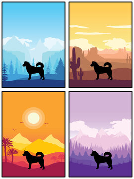 East Siberian Laika Dog Breed Silhouette Sunset Forest Nature Background 4 Posters Stickers Cards Vector Illustration EPS