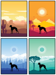 Italian Greyhound Dog Breed Silhouette Sunset Forest Nature Background 4 Posters Stickers Cards Vector Illustration EPS