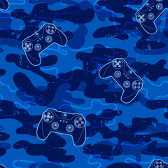 seamless pattern with gamepads on blue camouflage background. Underwater waves wall. Monochrome military ornaments with game pads. Cover gaming print. Gamer wallpaper.  © Kseniia Koval
