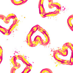 Abstract seamless hearts pattern in contemporary art style. Endless ornament with colourful Brush strokes heart Illustration. Spray paint ink splatter art