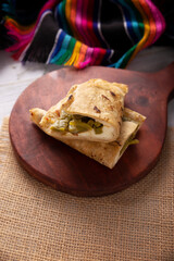 Quesadilla de Comal con queso y Nopales. Typical Mexican quesadilla made on a comal, very popular dish, one of the main street food in Mexico.