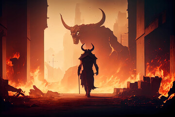 Naklejka na ściany i meble Black devil standing on the ruins of a burning city